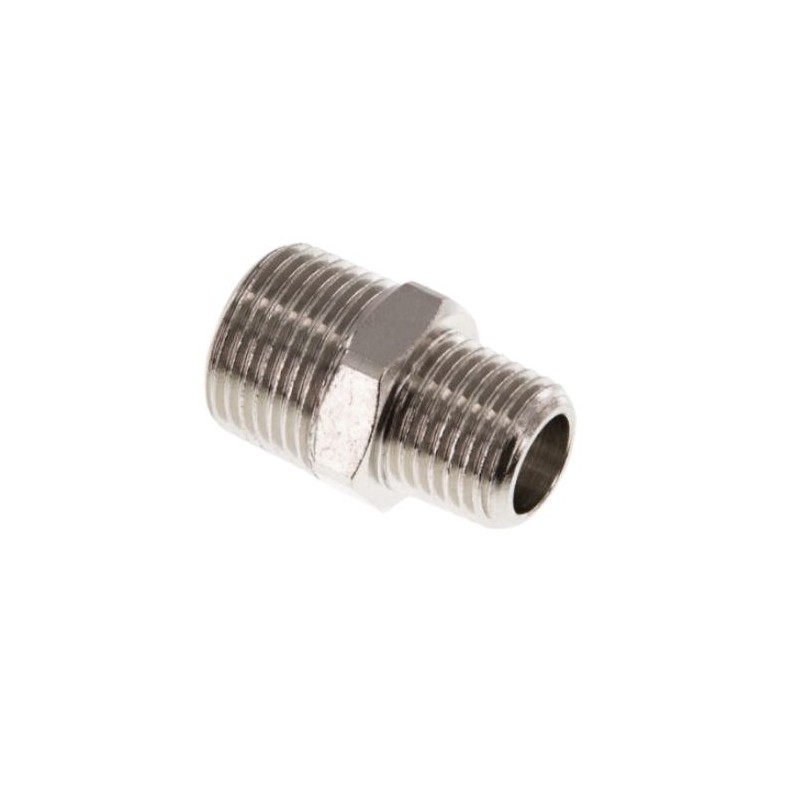 1/4" - 3/8" male BSP threads coupling, nickel-plated brass