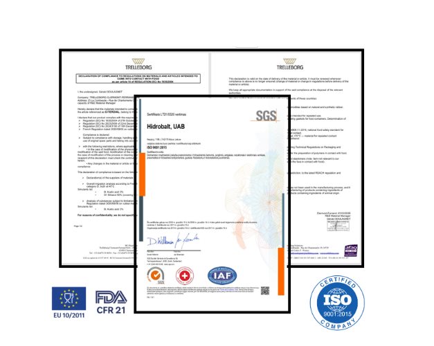 Hidrobalt ISO 9001 sertifikāts un FDA, EU 10/2011 atbilstības dokumenti